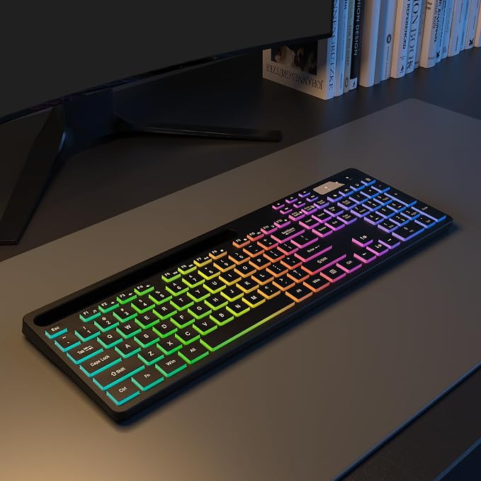 Soueto Wireless Keyboard with 7-Color RGB Backlit, Full-Size Computer Keyboard with Phone Tablet Holder, 2.4G Rechargeable Gaming Keyboard with Light Up Keys, Compatible with Mac, Windows (Black)
