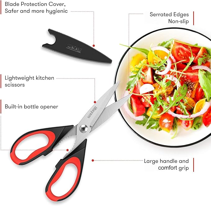 iBayam 3-Pack 8.7" Kitchen Scissors All Purpose Heavy Duty Shears w/Sheath | Soft Comfort Grip, Dishwasher Safe, Stainless Micro-Serrated Edge Blades, Cooking Poultry Herbs Meat Seafood Tools