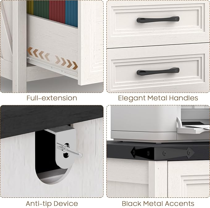 3 Drawer Vertical File Cabinet, Wood Farmhouse Cabinet, White and Black | Filing Cabinet Fits A4/Letter Size, Under Desk Small File Cabinets Printer Stand with Storage for Home Office