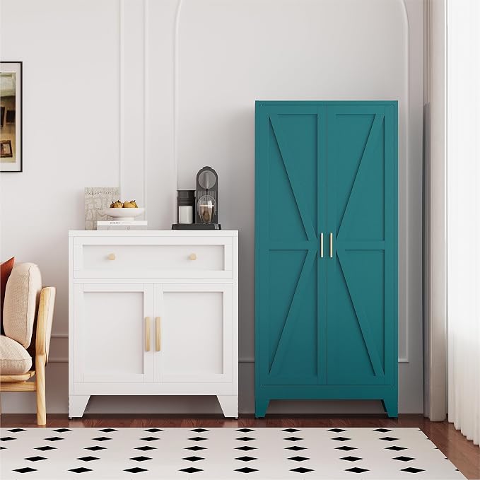 QINPTWUT 61" Metal Storage Cabinet, 4-Tier Kitchen Pantry with 3 Adjustable Shelves, Farmhouse Design Freestanding Cupboard for Kitchen, Bathroom, Laundry, Garage, Blue