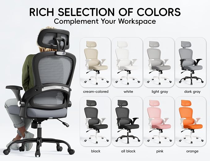 TRALT Office Chair - Ergonomic Desk Chair with Headrest Support for Adults | Home Office Desk Chair with Lumbar Support - Ergonomic Mesh Chairs 330 lb Wide Seat with Lumber Comfy Desk Chair(Black Grey)