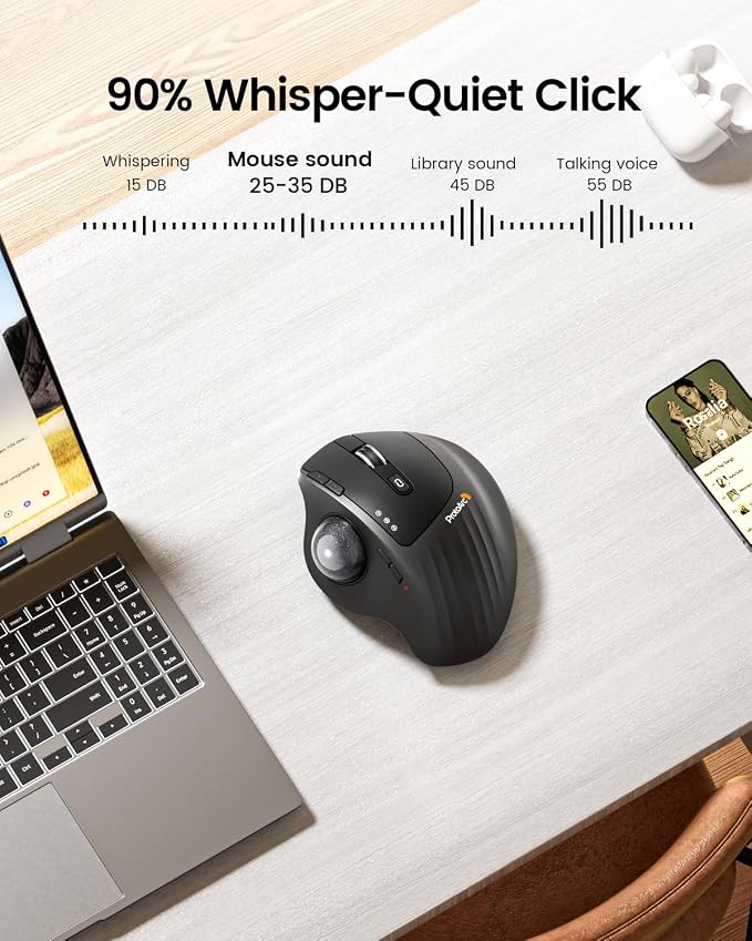 ProtoArc EM01 NL Wireless Trackball Mouse, Rechargeable Thumb Control, Gray | 0/20° Adjustable Angle to Reduce Fatigue, Triple-Device Bluetooth & 2.4G USB-A for Office Use, Silent Click, Easy to Clean