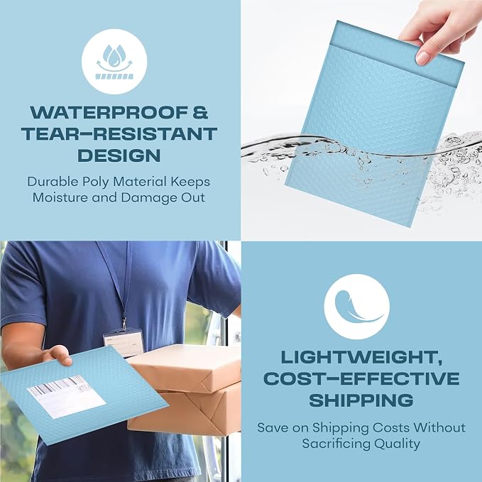 Light Blue Bubble Mailers 8.5x12 Poly Padded Envelopes #2, 200 Pack | Fits 8.5x11 Documents & Photos, Self-Seal Closure, Cushioned Protection, Water-Resistant Poly, Bulk Pack for Small Business