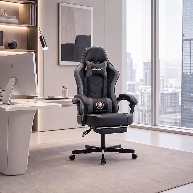 Desk Computer Gaming Chair - High Back Ergonomic Office Chair with Footrest and Lumbar Support, Swivel Comfy Home Gamer Video Game Chairs with Pocket Spring Cushion for Adults (Grey Leather)