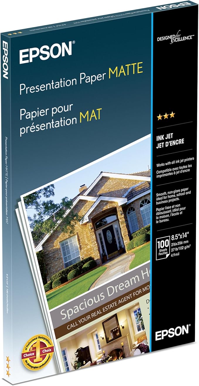 Epson Presentation Paper MATTE (8.5x14 Inches, 100 Sheets) (S041067),Bright White