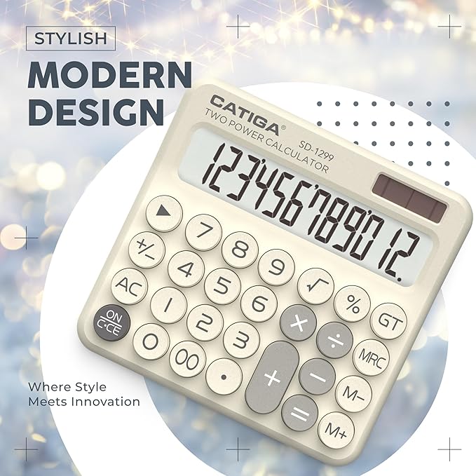 CATIGA Mechanical Switch Calculator with Solar and Battery Dual Power, 12-Digit Large LCD Display, Aesthetic and Cute Desktop Calculator with Big Button, for Home, School and Office Use, SD-1299