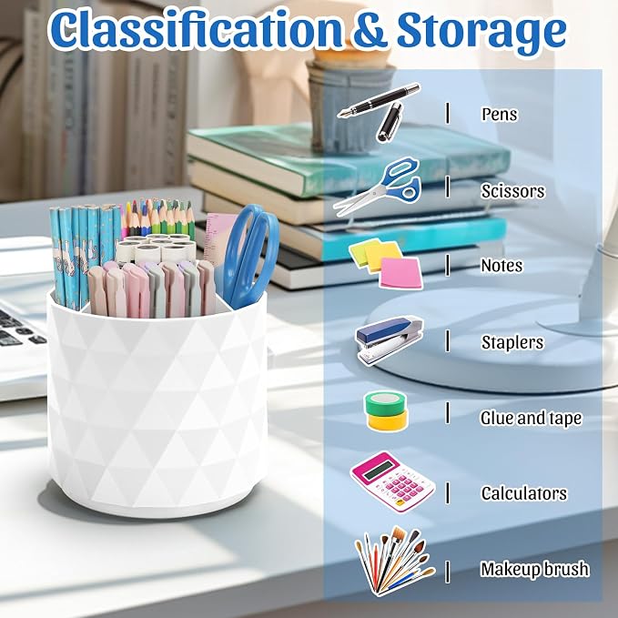 minimaliving Desk Organizer,Sparkling Diamond-like Pen Holder for Desk 360°Rotating Office Accessories,Pencil Cup with 5 Compartments Storage Box Caddy for Office,School,Home,Art Supply(White)