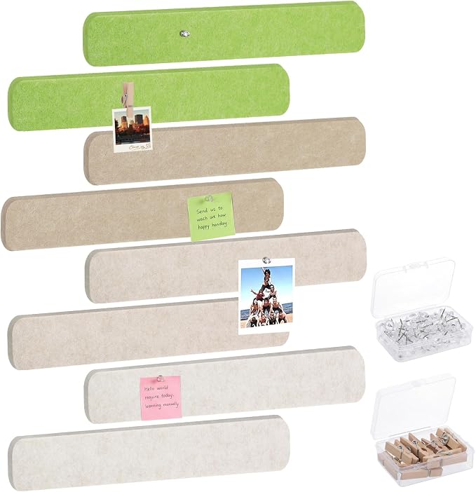 8 Pack Felt Bulletin Board Strips, 13x2 Inch Pin Board, Cork Boards | Self Adhesive, Includes 50 Pushpins and 10 Wooden Clips Push Pins, for Walls Home School Office Decor (Natural Earth Tones)