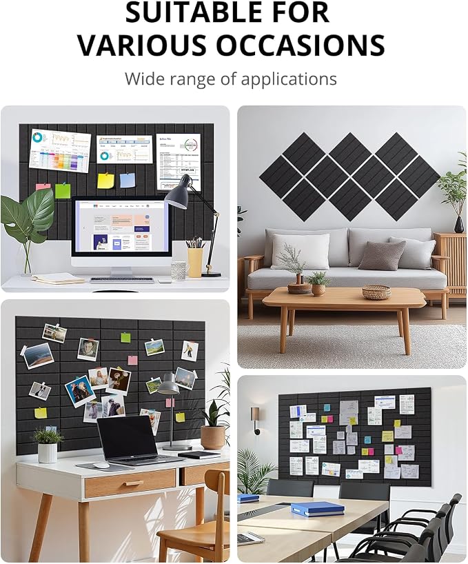 Cork Board, 48"x36" Felt Bulletin Board with Self Adhesive Black | Cork Boards for Office, 12 Pack Pin Boards For Walls, Use in Bedroom Home Classroom Decor