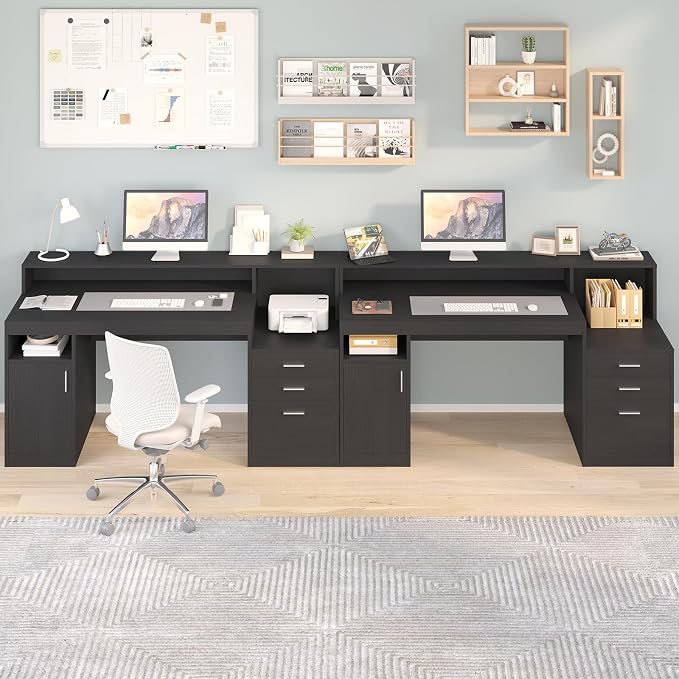 65" Black Computer Desk with 3 Drawers & Printer Shelf for Home Office | Computer Desk with Printer Shelf & File Drawer, Executive Desk Writing Study Table with Monitor Stand, Black