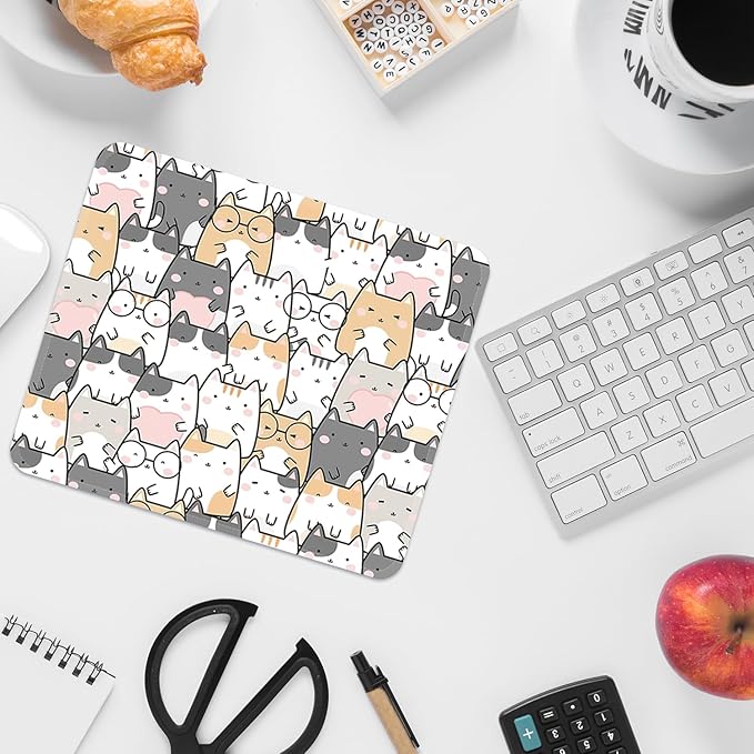 Mouse Pad with Stitched Edges - Cute Cat Mousepad for Women, 9.25 x 7.75 inch Washable Square Desk Pad, Non-Slip Rubber Base, Office Home Laptop Accessories - Cute Cats