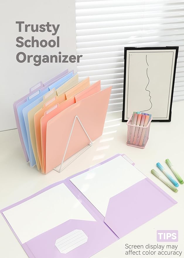 Plastic Folders with Pockets, 6 Pack Purple Folders for School, Unique 1/3 Cut Tabs with Colorful Labels, Letter Size