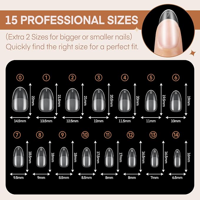 Oval Round Nail Tips, 504pcs Full Matte Short Oval Almond Shape Nail Tips for acrylic nail tips press on nails DIY Short Gel Nail Extention, 15 Sizes Luckyfairy Gelly Tips