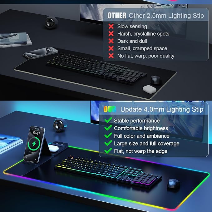Wireless Charging Mouse Pad with Phone Stand, 31.5 x 15.8 in | Key-controlled lighting with multiple colors and effects; foldable viewing support; smooth cloth and stable rubber backing.