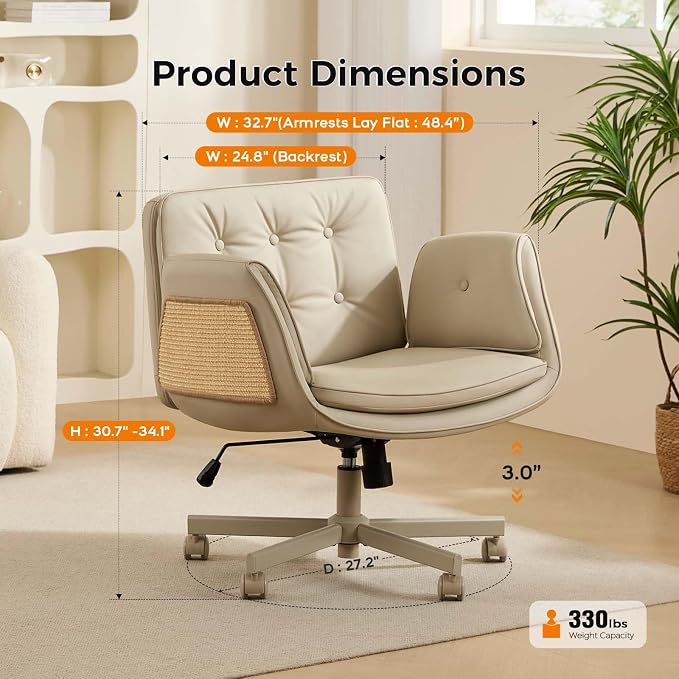amseatec Criss Cross Office Chair, Swivel Makeup Vanity Chair with Wheels | Wide PU seat for cross-legged, fidget-friendly sitting; 5-level armrests create pet space; wipe-clean; cat scratch pad option