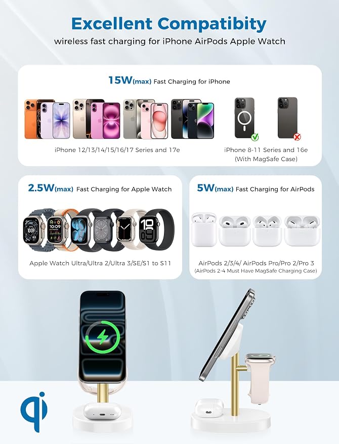 2026 3 in 1 Wireless Charging Station for Apple MagSafe Charger, 15W Fast Magnetic Mag-Safe Charger Stand for iPhone 17 16 15 14 13 12 Apple Watch AirPods Series, Gold&White