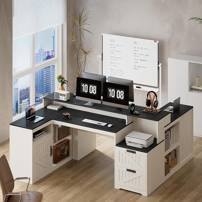 63" Farmhouse L Shaped Desk with Drawers and Printer Stand for Home Office | Computer Desk with Power Outlet, Home Office Desk with Storage Shelves and Monitor Stand, Black and White