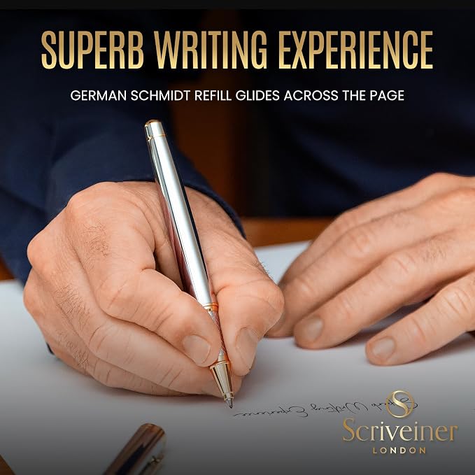 Scriveiner Personalized Silver Chrome Rollerball Pen - Stunning Luxury Pen, Real Gold Plating, Schmidt Ink Refill, Best Engraved Roller Ball Gift Set for Men & Women, Custom Name Engraving