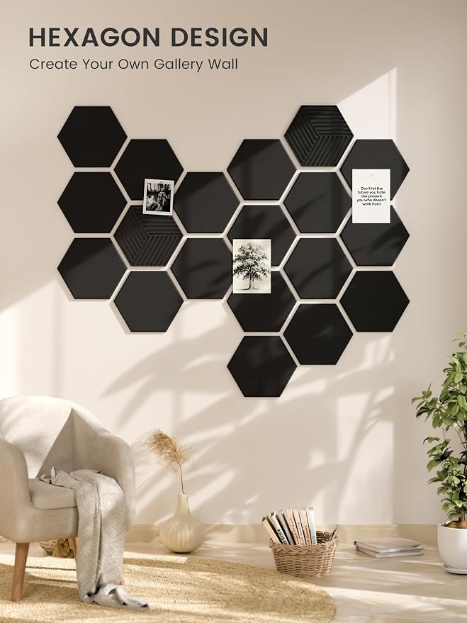 Fluxynara 10-Pack Hexagon Cork Board Alternative, Black | Felt Bulletin Board with 50 Adhesive Tabs, Ideal for Vision Boards and Wall Decor in Homes, Offices, Classrooms, and Dorms