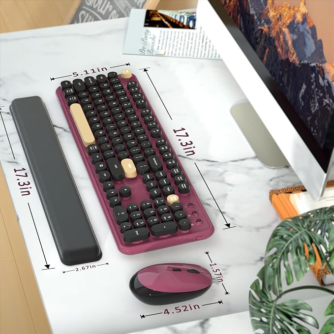 Retro Wireless Keyboard and Mouse Combo with Wrist Rest (Claret-Red) | COVEVA Aesthetic Typewriter Style, Full-Size Clicky Tactile Floating Round Keys, 2.4GHz Ergonomic Set for Mac, Windows