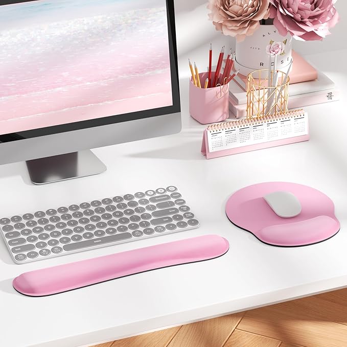 KTRIO Keyboard Wrist Rest & Mouse Pad with Wrist Rest, Pale Pink | Memory Foam Wrist Support, Ergonomic Design, Non-Slip Base, Office and Home Use