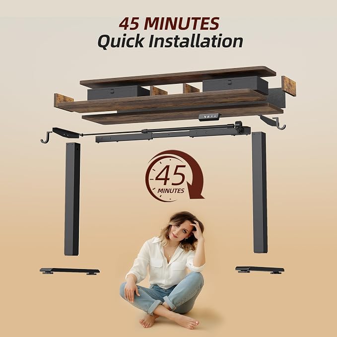 TIQLAB 55 * 28 inch Standing Desk with Two Drawers&Top Shelf, Rustic Brown | Smooth Height Adjustment, 2 Memory Presets, One-Touch Control, Stable Steel Frame, 176 lbs Capacity, Easy Assembly