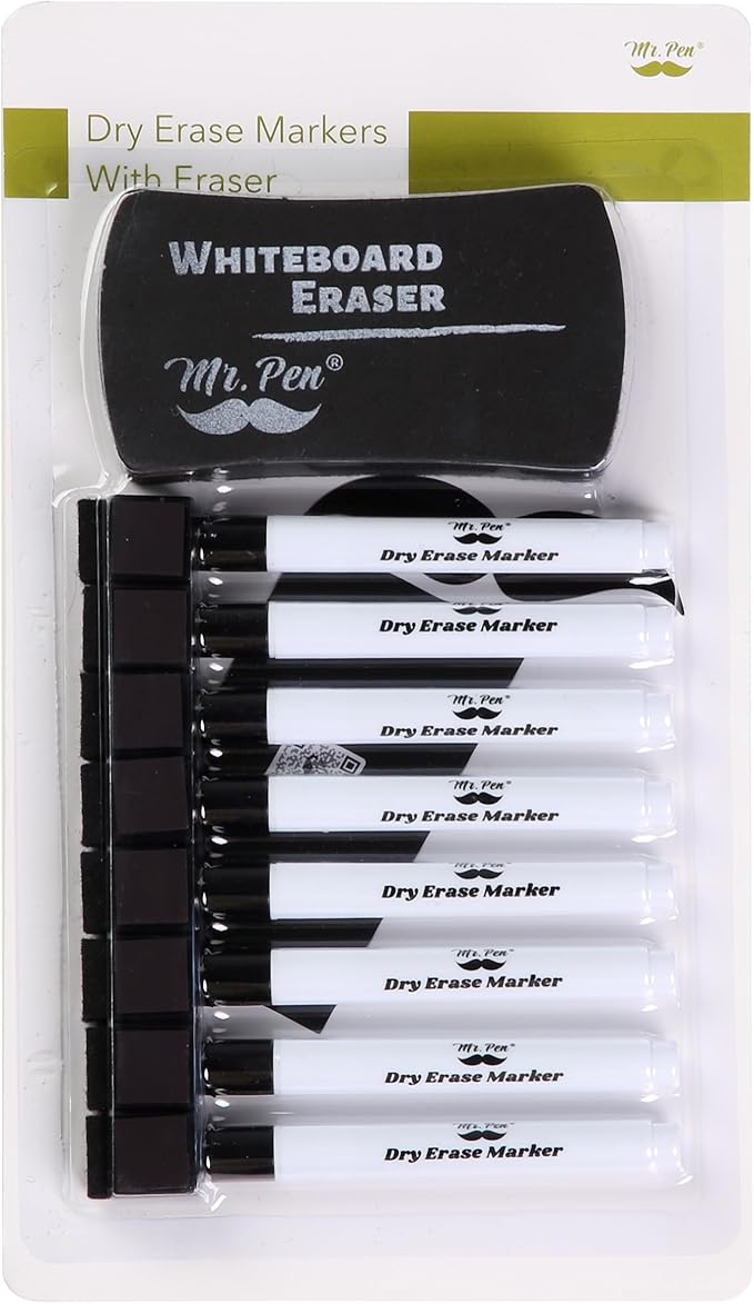 Mr. Pen- Magnetic Dry Erase Markers, 8 Pack with Whiteboard Eraser, Black | Fine Tip Markers with Built-In Magnet & Eraser, Low Odor, Quick Dry, for Whiteboards, Office, School & Home