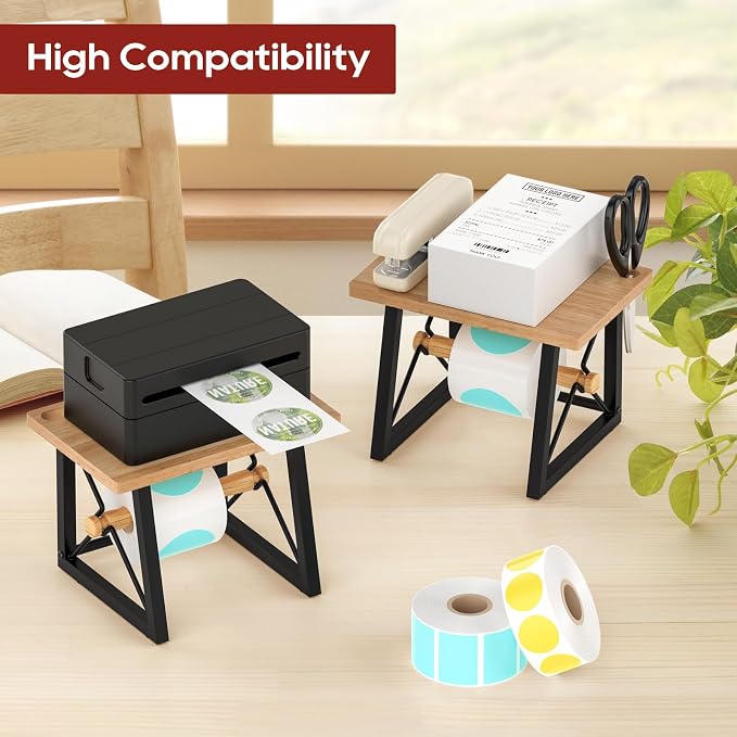 Label Holder for Rolls and Fan-fold Labels, Wooden Label Stand for Shipping Label Printer, Sticker Roll Holder Thermal Printer Accessory for Home, Office
