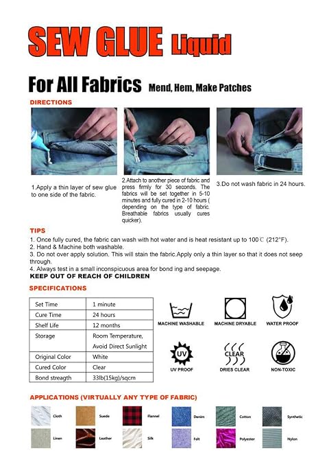 1 Min Quick Bonding Fast Dry Sew Glue Liquid Reinforcing Adhesive Speedy Fix for All Fabrics Clothing Cotton Flannel Denim Leather Polyester Doll Repair (60ml)