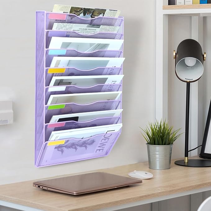 8 Pockets Mesh Wall File Holder Organizer Office Hanging File Folder Magazine Rack, Nametag Label Hooks Set Included (Purple)