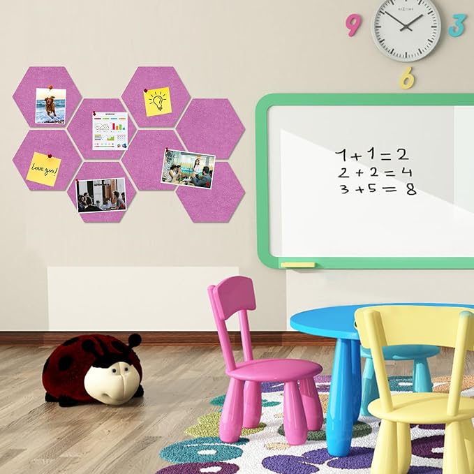 Large Hexagon Felt Cork Board Tiles, Self Adhesive DIY Felt Bulletin Board Pin Board with 35 Pushpins for Office School Home Wall Decor Stickers Memos Photos Display(Light Purple)