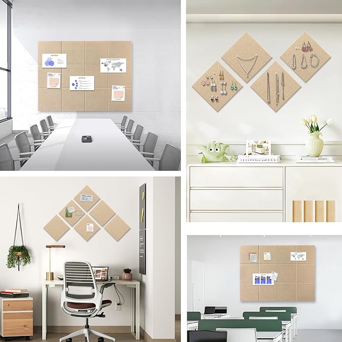 48" x 36" Large Felt Bulletin Board 1/2" Thick, Tan | 12 Pack Felt Tiles, Cork Board Alternative, 60 Adhesive Tabs, Pin Board for Home Office Decor with Easy Install