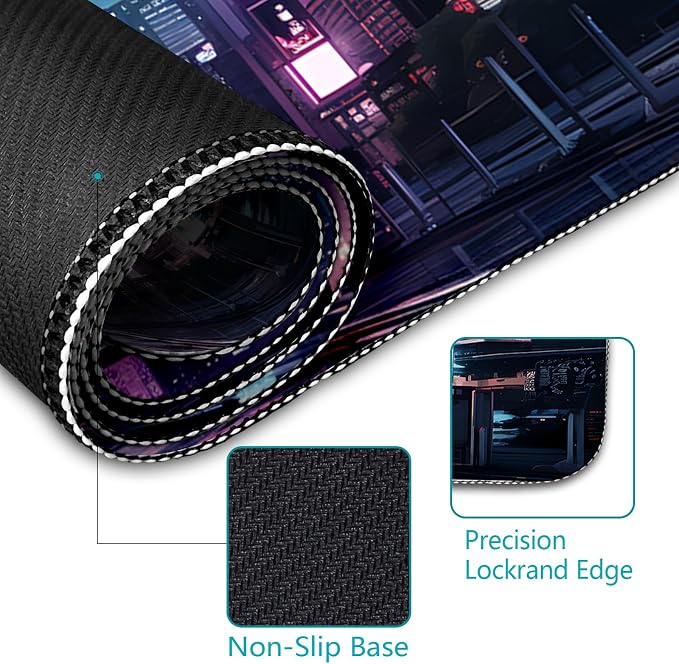 LIMKRIAN Cyberpunk Mouse Pad, Japanese Anime Cat Neon Tokyo Desk Mat Pad | Stitched Edges, Non-Slip, Large Mouse Pads for Desktop Computer Laptop Office Work Game Home, 31.5x11.8 in, Desk Accessories