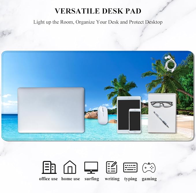 Auhoahsil Large Gaming Mouse Pad, Beach Theme XXL 35.4 x 15.7 in Desk Pad Stitched Non-Slip Rubber Long Computer Mousepad Thin Extended Full Size Desk Mat for Desktop, Laptop, Wireless Mice, Blue