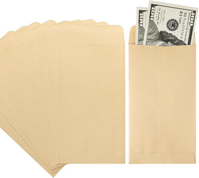 ACSTEP 100 PACK Brown Cash Envelopes 3 1/2 x 6 1/2 for Budgeting, Small Kraft Money Envelopes Self Adhesive for Cash, Coins, Check, Seeds, Money Savings Challenges