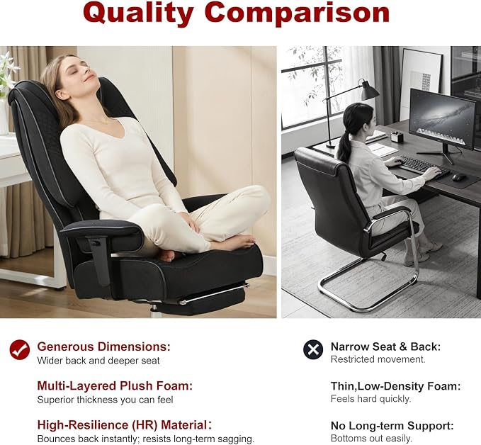 EXCEBET Big and Tall Office Chair 400lbs Wide Seat, Leather High Back Executive Office Chair with Lumbar Support, Ergonomic Chairs Padded Armrests & Thick Cushion (Mesh Dark Black)