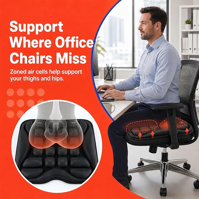 Office Chair Cushion with Adjustable Air-Cell Support, Inflatable Seat Cushion with Built-in Pump for Long Sitting, Desk Chair, Home Office, Computer Chair and Dining Chair
