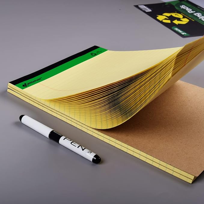 KAISA Yellow Legal Pads Writing Pads Recycled Paper 8.5"x11.75" Wide Ruled Perforated 50 sheets Hard Back Notepads 8-1/2"x 11-3/4" Writing Tablet Canary For Office Supplies (Canary 3pads)