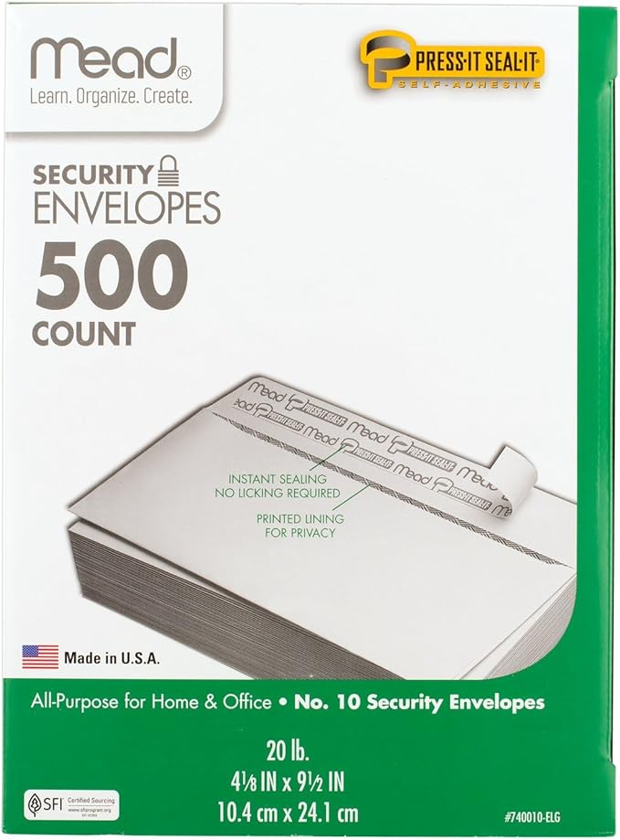 Mead #10 Security Business Envelopes Letter Size 4-1/8" x 9-1/2" – Peel and Seal, Privacy Lined, No-Window, Press-It Seal-It Self-Adhesive for Home & Office Mailing, 500 Count (740010)
