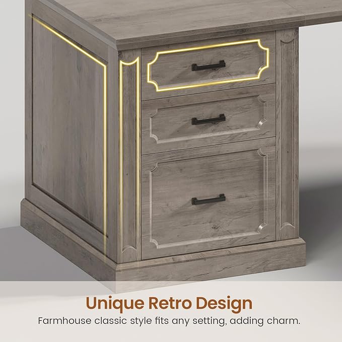 SEDETA Farmhouse 78.8" L Shaped Desk with 6 Drawers, Home Office Desk with Power Outlet, File Cabinet Storage, Wood Corner Computer Desk for Work and Study, Gray