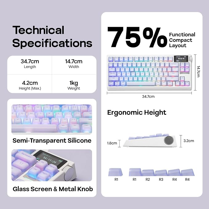 EPOMAKER G84 PRO Wireless Gaming Keyboard w/Screen&Knob, Silicone Keycaps | 8000mAh, Hot-Swap, BT5.0/2.4G/USB-C Mode, RGB, 75% Creamy Mechanical Keyboard for Gamers/Office (Purple, Creamy Jade Switch)