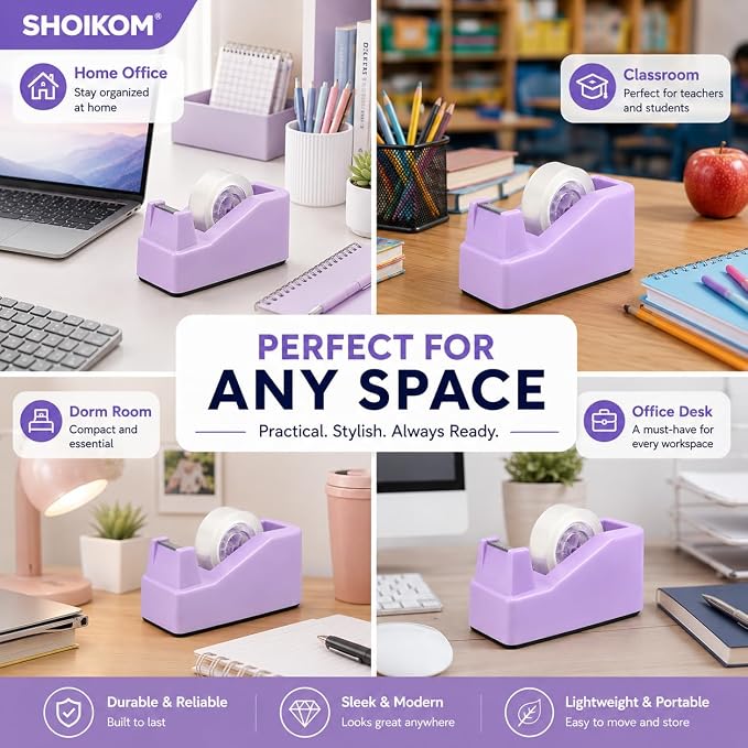 SHOIKOM Purple Tape Dispenser for Desk, Weighted Non-Slip Base, One-Hand Tape Cutter, Cute Macaron Office Desk Accessory (Tape not Included)