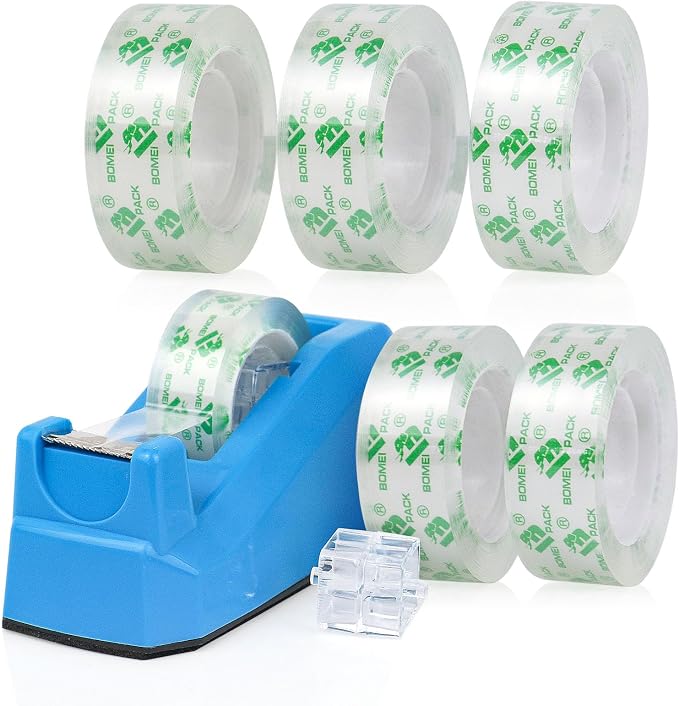 BOMEI PACK Tape Dispensers Desk, 1 Pack Blue with 6Rolls Transparent Tape Refills, 1 Inch Core, for Gift Wrapping, School, Office and Home