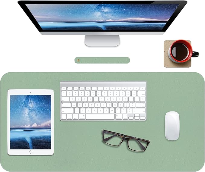 Boutilon Leather Desk Pad Protector,Non-Slip Mouse Pad,Laptop Desk Pad,Office Mouse Mat,Waterproof Leather Desk Blotter,Desk Writing Pad for Office and Home (M-Green,30"x14")