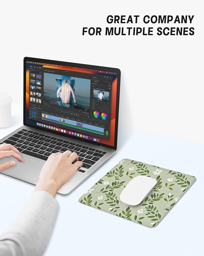 Mouse Pad, Cute Mouse Mat, 10" x 8", Green Flower | Square Waterproof Gaming Computer Mat, Textured Top, Stitched Edges, Non-Slip Rubber Base for Office Home Laptop Keyboard