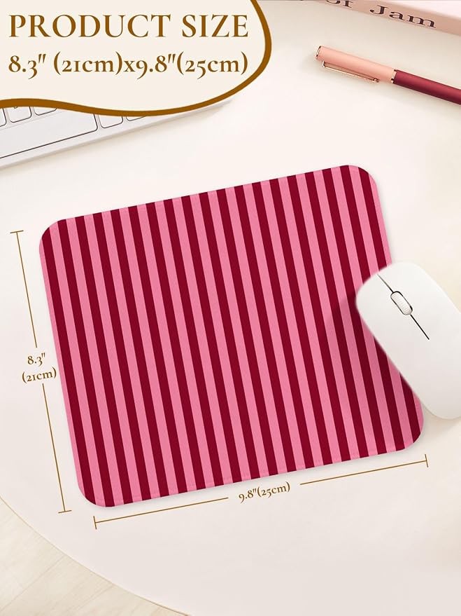 Square Cute Striped Mouse Pad with Stitched Edge, Premium Waterproof Cloth Aesthetic Small Stripe Mouse Mat, Non-Slip Rubber Base Funny Mousepad Desk Accessories,Striped Wine Red