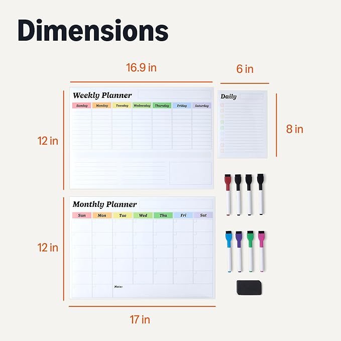 Amazon Basics Magnetic Dry Erase Calendar Whiteboard Set for Fridge, 3-Pack with 8 Markers and Eraser