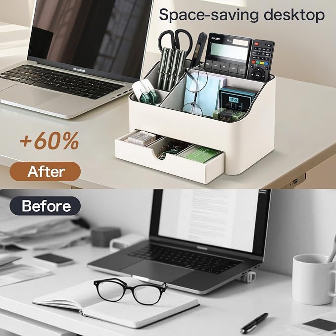 PU Leather Desk Organizer with Drawer, 5 Compartments Desktop Storage Caddy for Office Home Supplies, Pen Holder for Remote Control, Phone & Accessories, Mail Organizer Countertop Ivory White