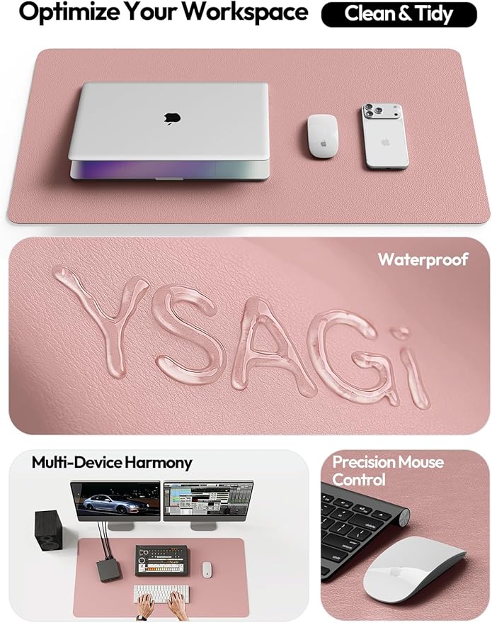 YSAGi Leather Desk Protector, Office Mat, Large Mouse Mat, Non-Slip PU Leather Blotter, Laptop Desk, Waterproof Writing Pad for Office and Home (Pale Mauve, 35.4" x 17")