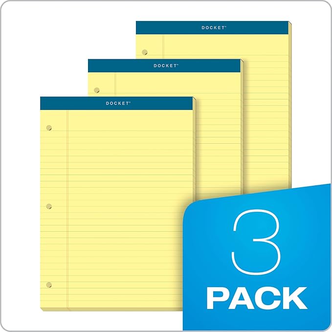 TOPS Docket Legal Pads, 3 Pack, Premium Note Pads, 100 Legal Ruled 8.5" x 11" Sheets, Canary Yellow Paper with Firm Back, Professional Legal & Office Notepads, 3 Hole Punched, 2X More Sheets, Proudly Made in the USA